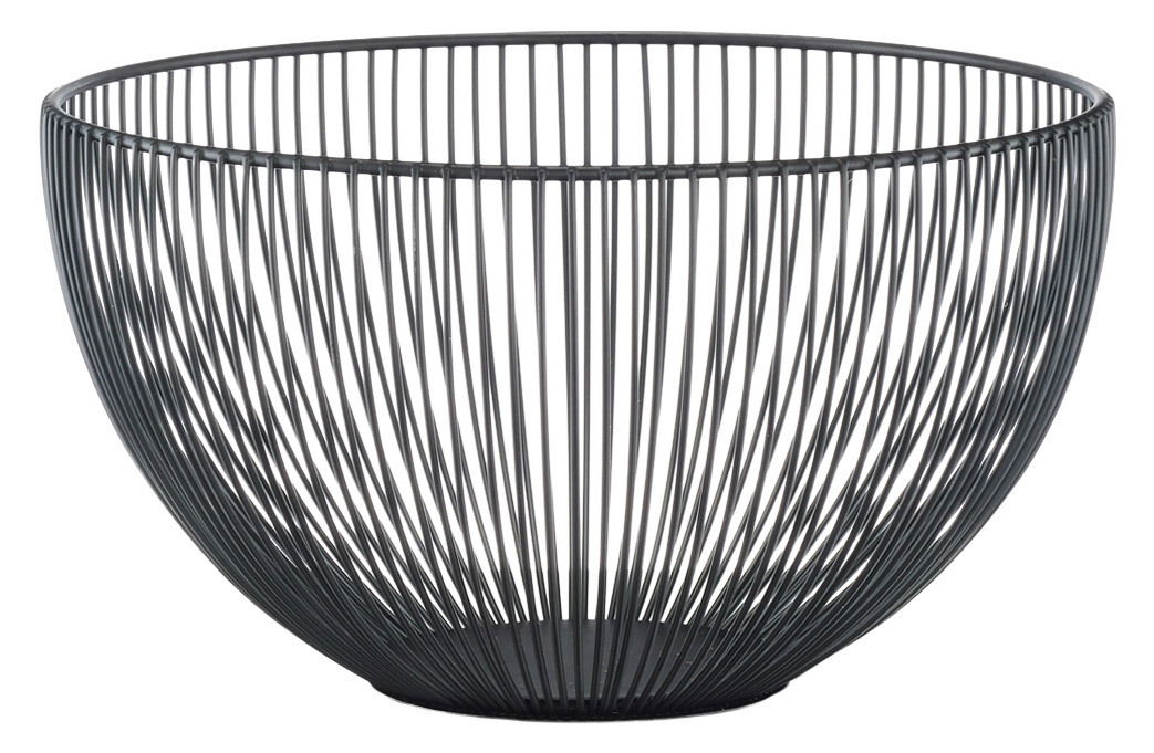 Moderner Obstkorb aus Metall mit einem Durchmesser von 25,5 cm, seitliche Perspektive.