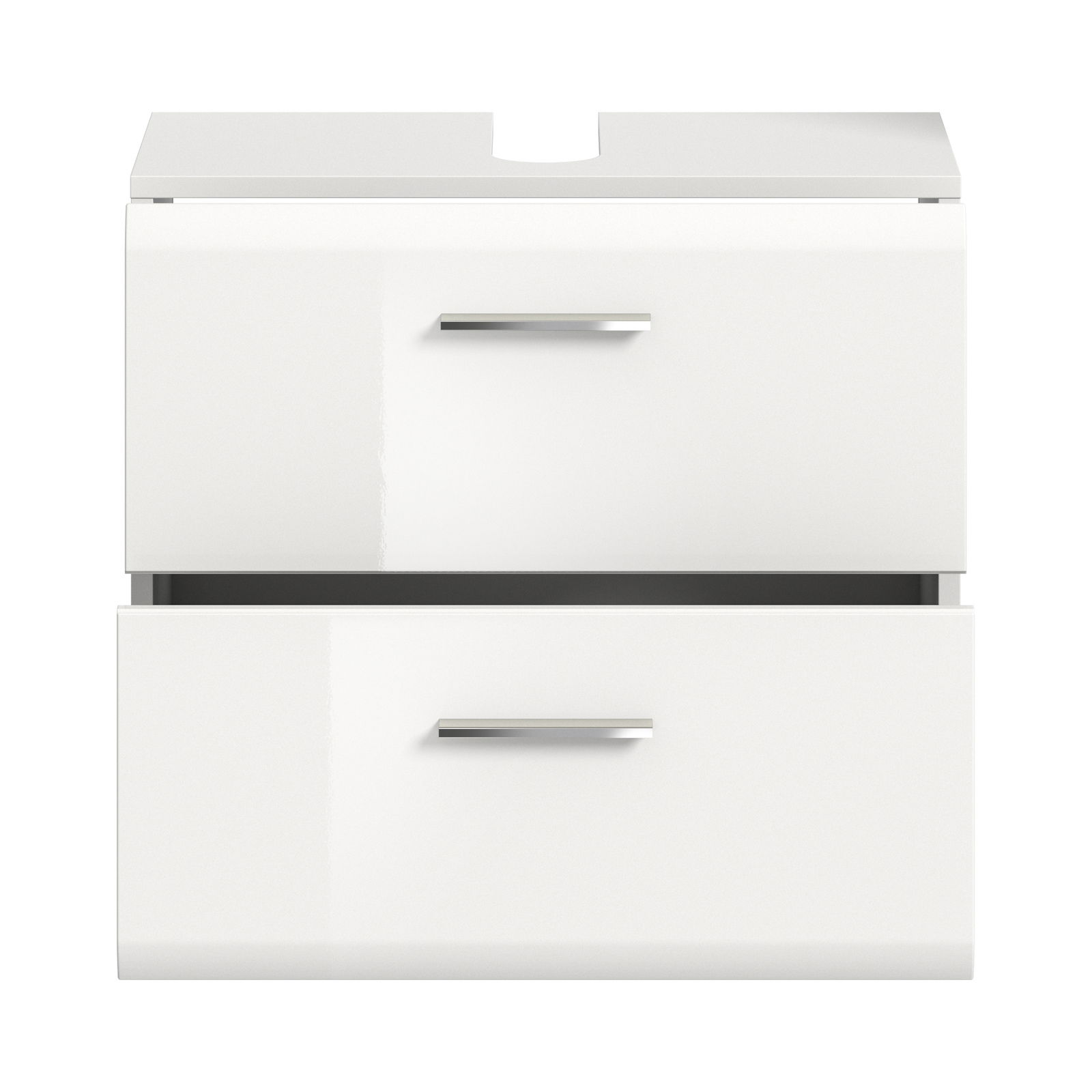 Moderner weißer Waschbeckenunterschrank mit zwei Schubladen, Frontalansicht