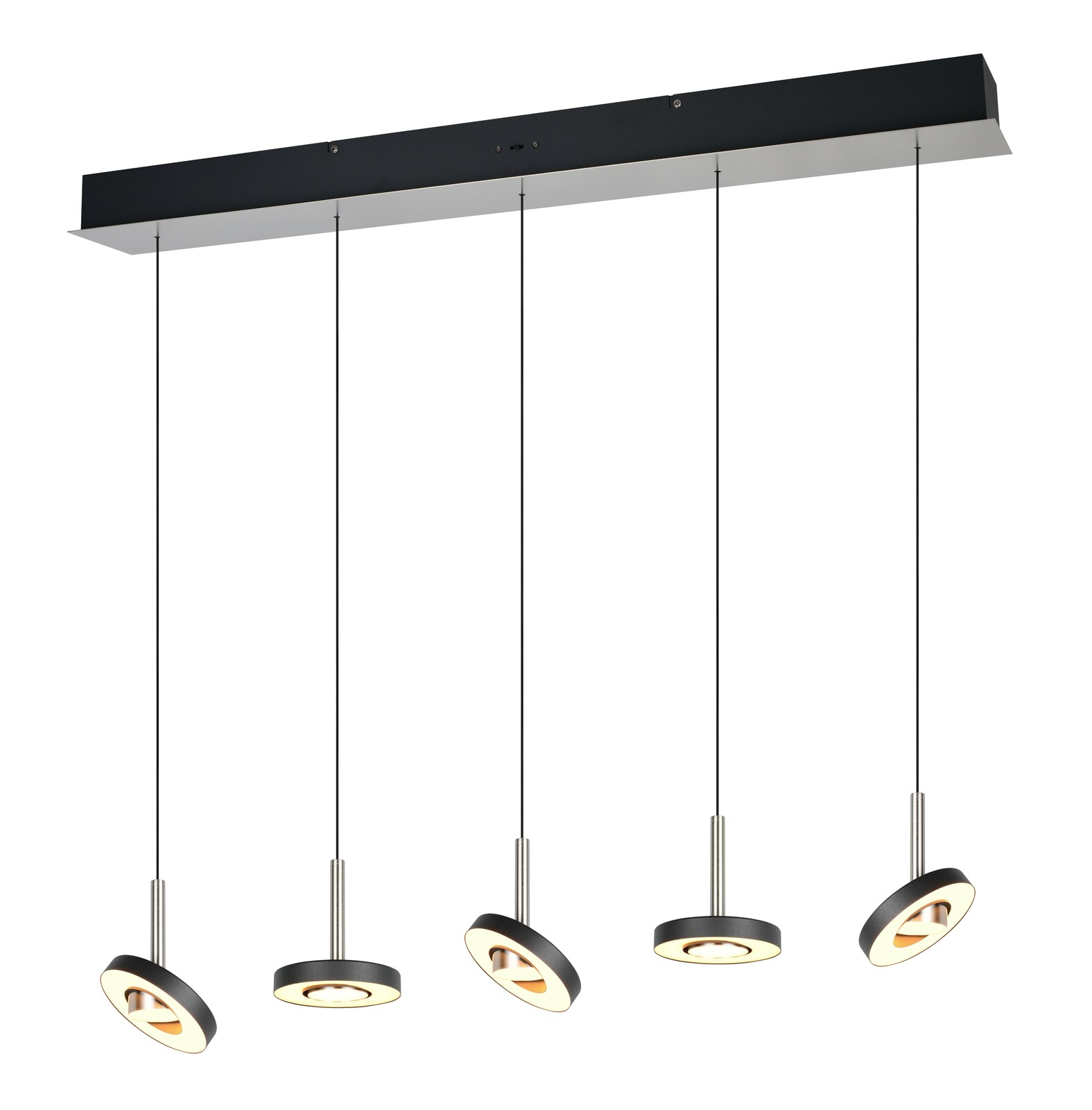 Trio Leuchten Pendelleuchte GUANO Moderne Pendelleuchte mit fünf hängenden, runden Leuchtelementen in schwarzem Design, seitliche Perspektive