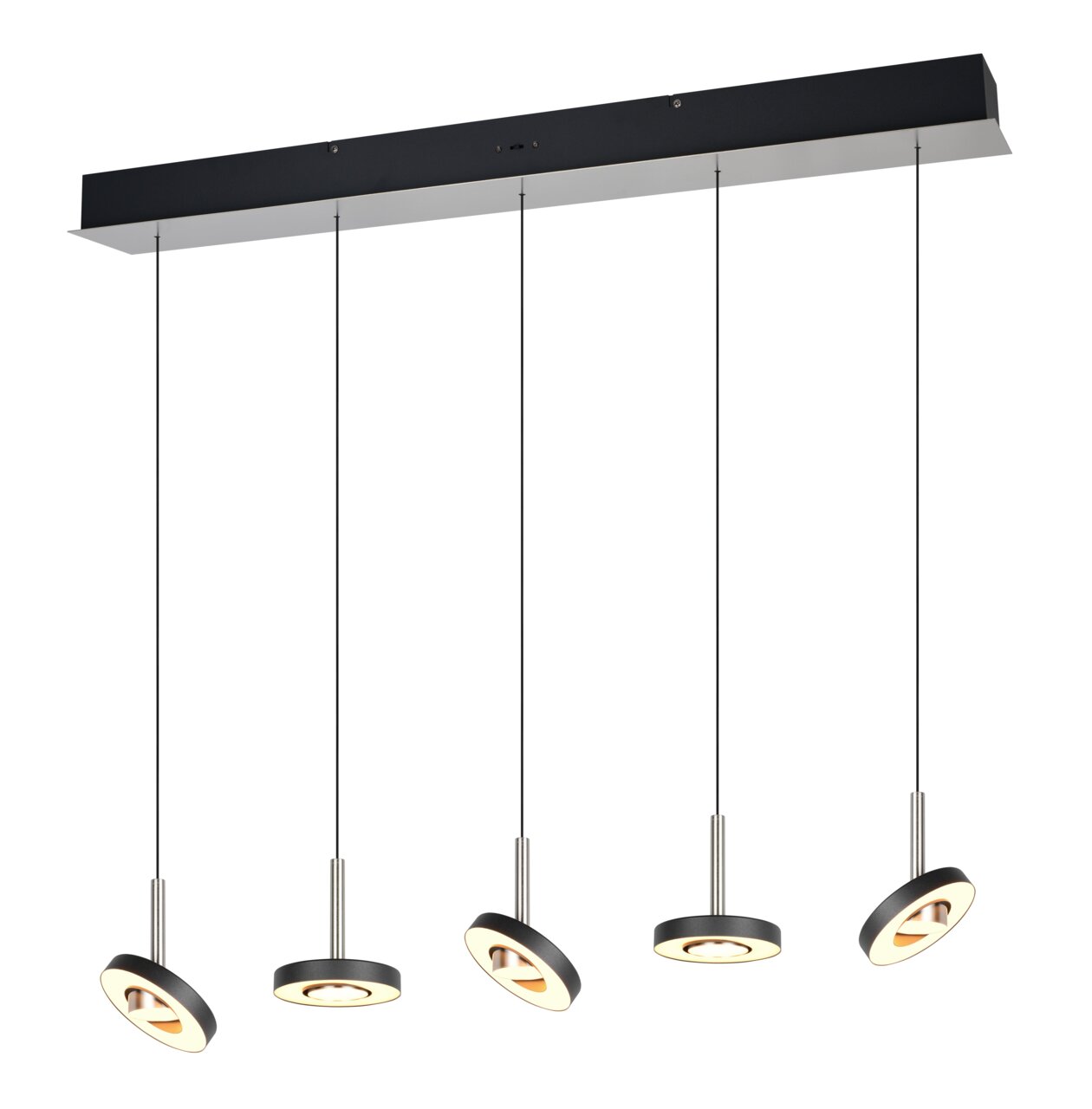 Moderne hanglamp met vijf hangende, ronde lichtelementen in een zwart ontwerp, zijaanzicht