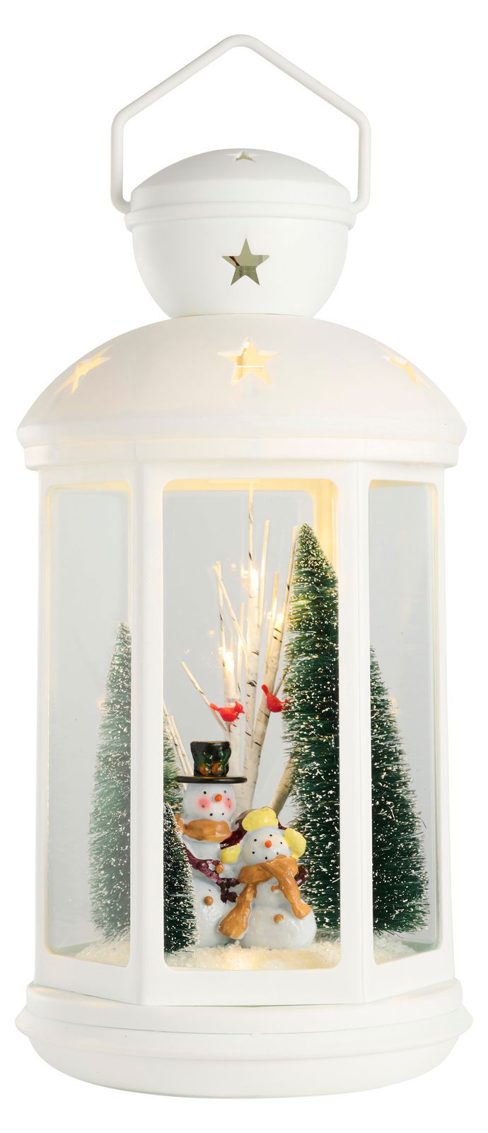 Weiße LED-Laterne mit Schneemann-Dekoration, Tannenbäumen und roten Vögeln, frontal betrachtet.
