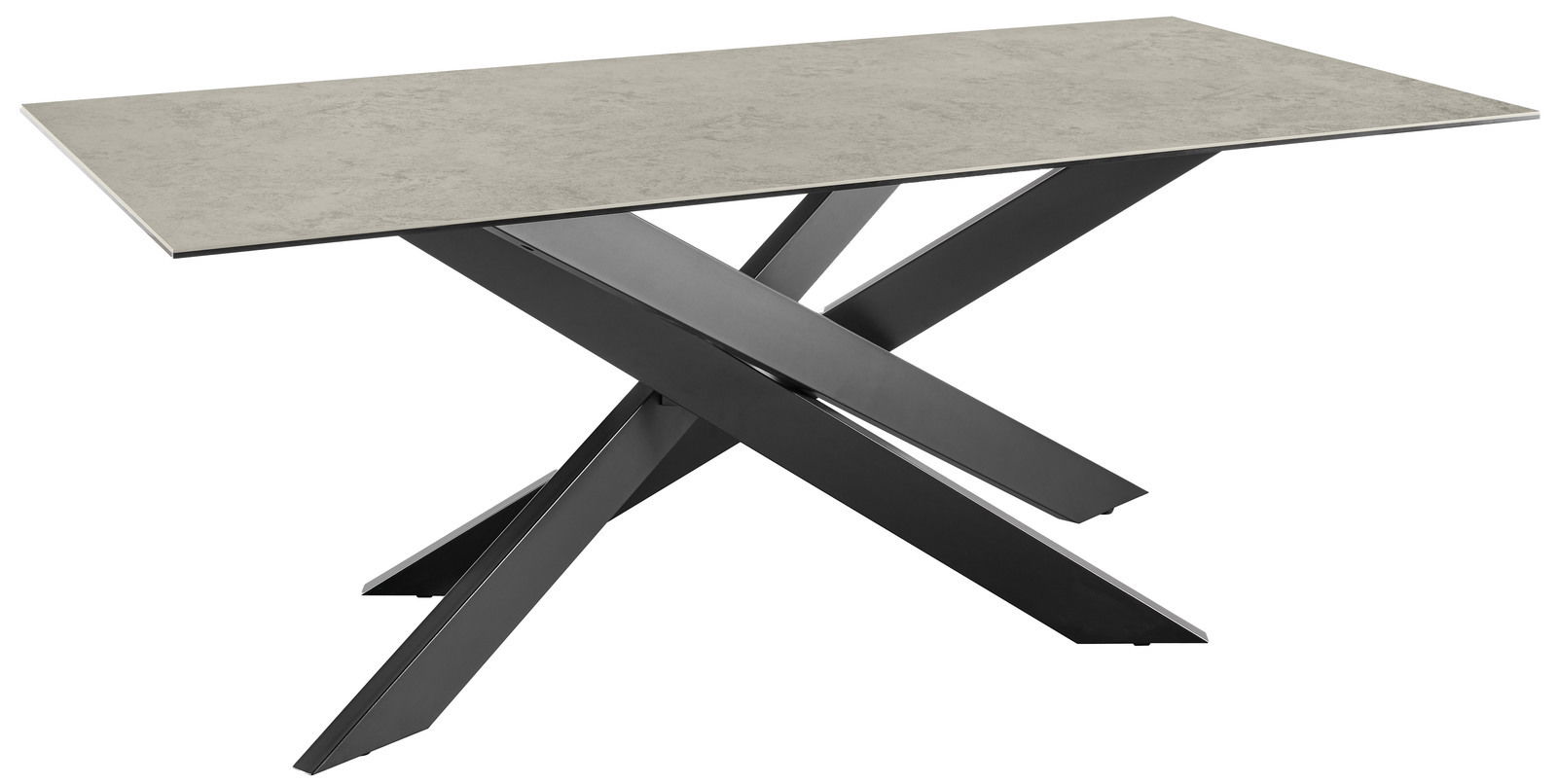 Moderner Esstisch mit rechteckiger, grauer Tischplatte und schwarzem, gekreuztem Metallgestell, seitliche Perspektive