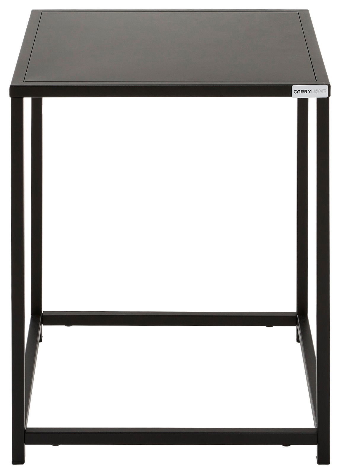 Moderner schwarzer Beistelltisch aus Metall, frontal betrachtet.