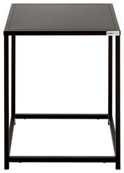 Moderner schwarzer Beistelltisch aus Metall, frontal betrachtet.
