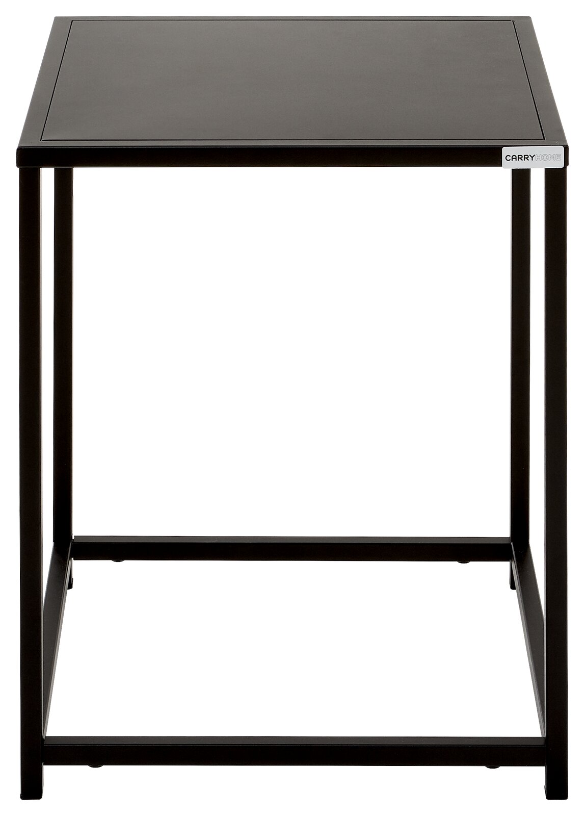 Moderner schwarzer Beistelltisch aus Metall, frontal betrachtet.