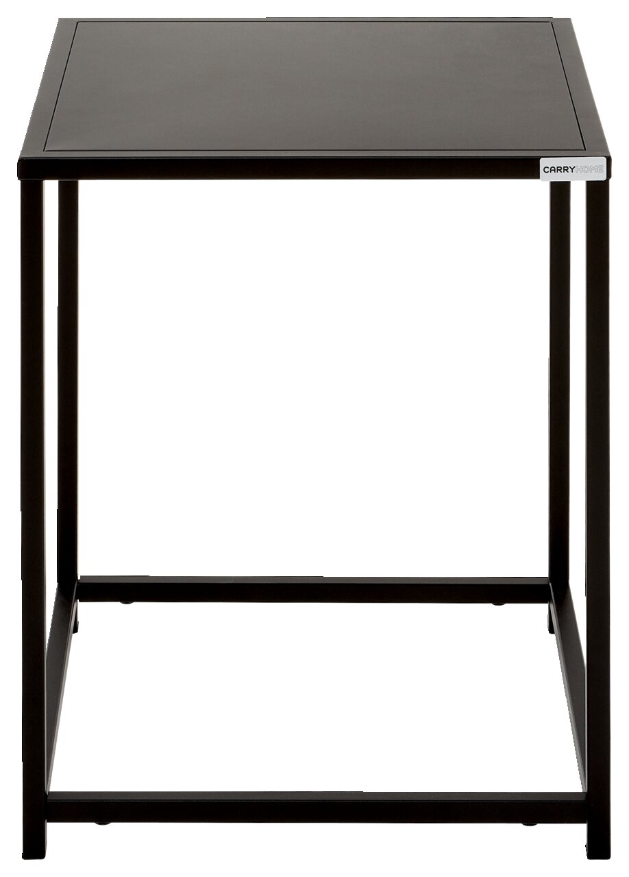 Moderner schwarzer Beistelltisch aus Metall, frontal betrachtet.