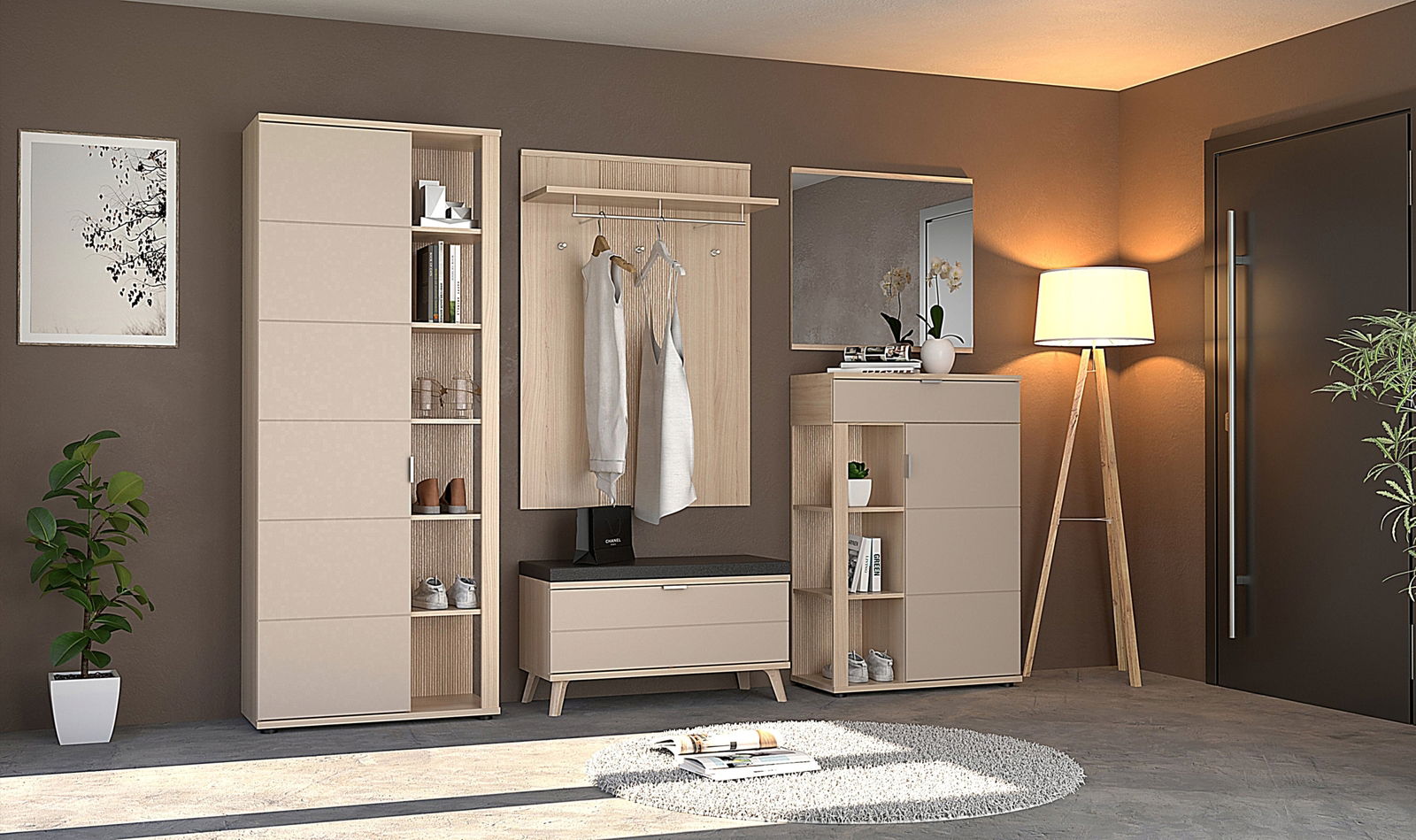 Moderne Garderobeneinrichtung in einem stilvollen Raum mit Garderobenschrank, Schuhschrank, Garderobenpaneel, Spiegel und Garderobenbank, seitliche Perspektive.