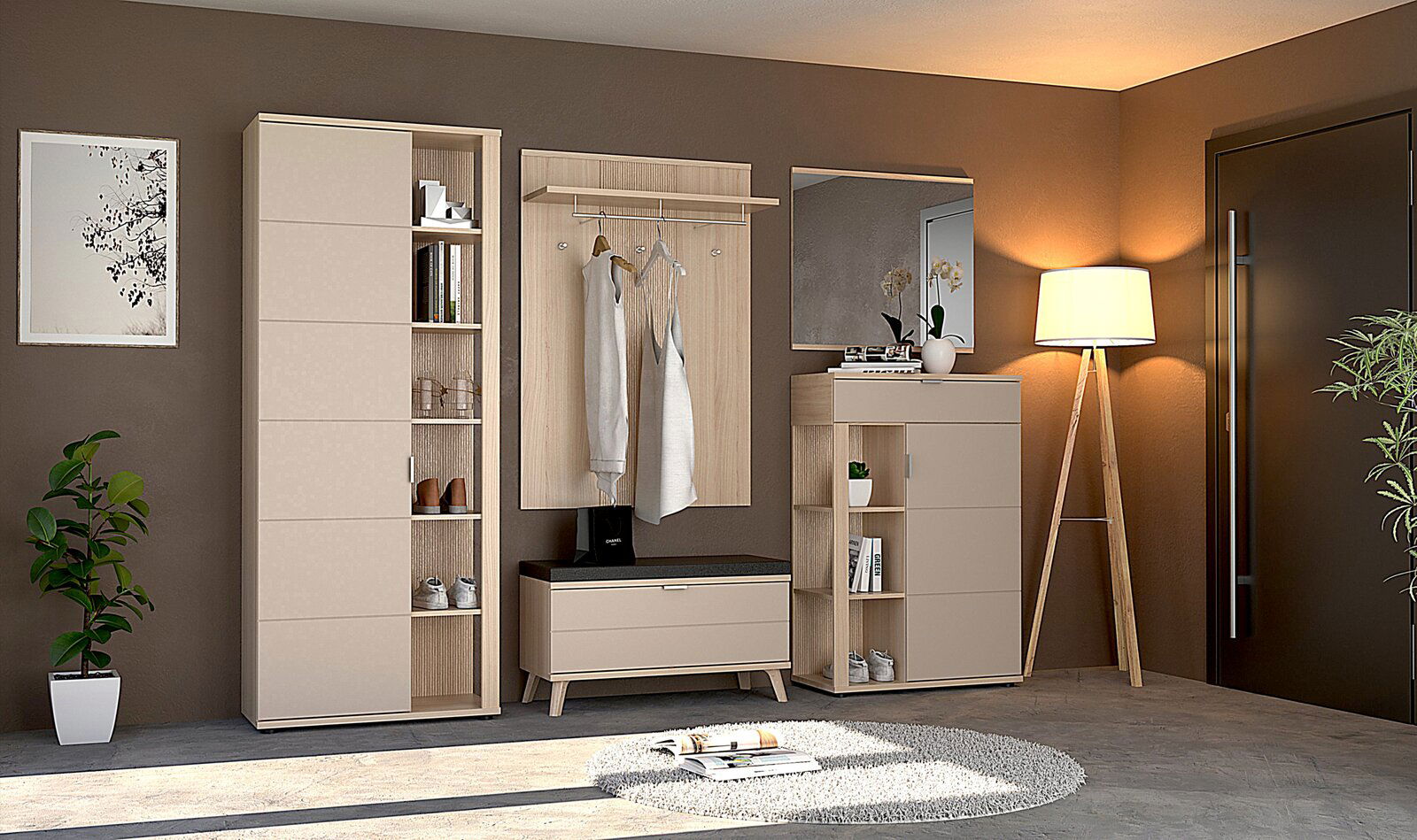 Moderne Garderobeneinrichtung in einem stilvollen Raum mit Garderobenschrank, Schuhschrank, Garderobenpaneel, Spiegel und Garderobenbank, seitliche Perspektive.