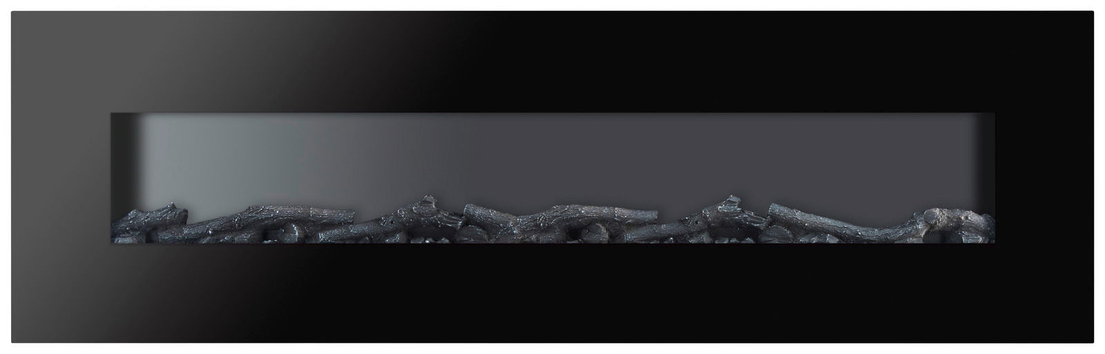 Moderner Elektrokamin in schwarzem Design mit realistischer Holzoptik, Frontalansicht