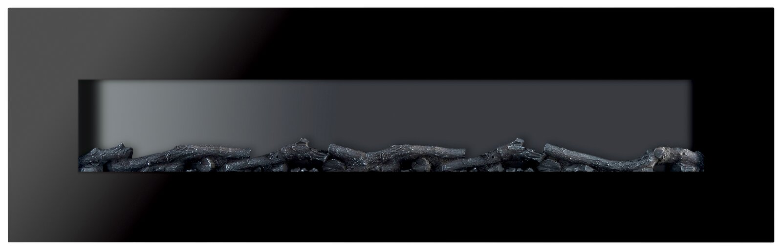 Moderner Elektrokamin in schwarzem Design mit realistischer Holzoptik, Frontalansicht