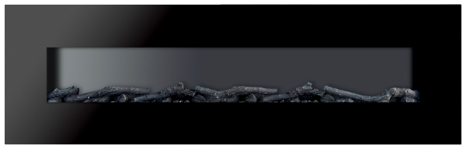 Moderner Elektrokamin in schwarzem Design mit realistischer Holzoptik, Frontalansicht