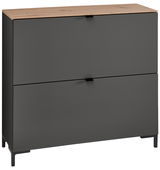 Moderner Hänge-Schuhschrank in dunklem Grau mit Holzoberfläche, frontal betrachtet.