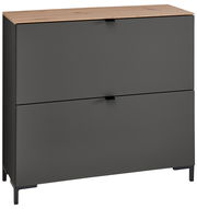 Moderner Hänge-Schuhschrank in dunklem Grau mit Holzoberfläche, frontal betrachtet.