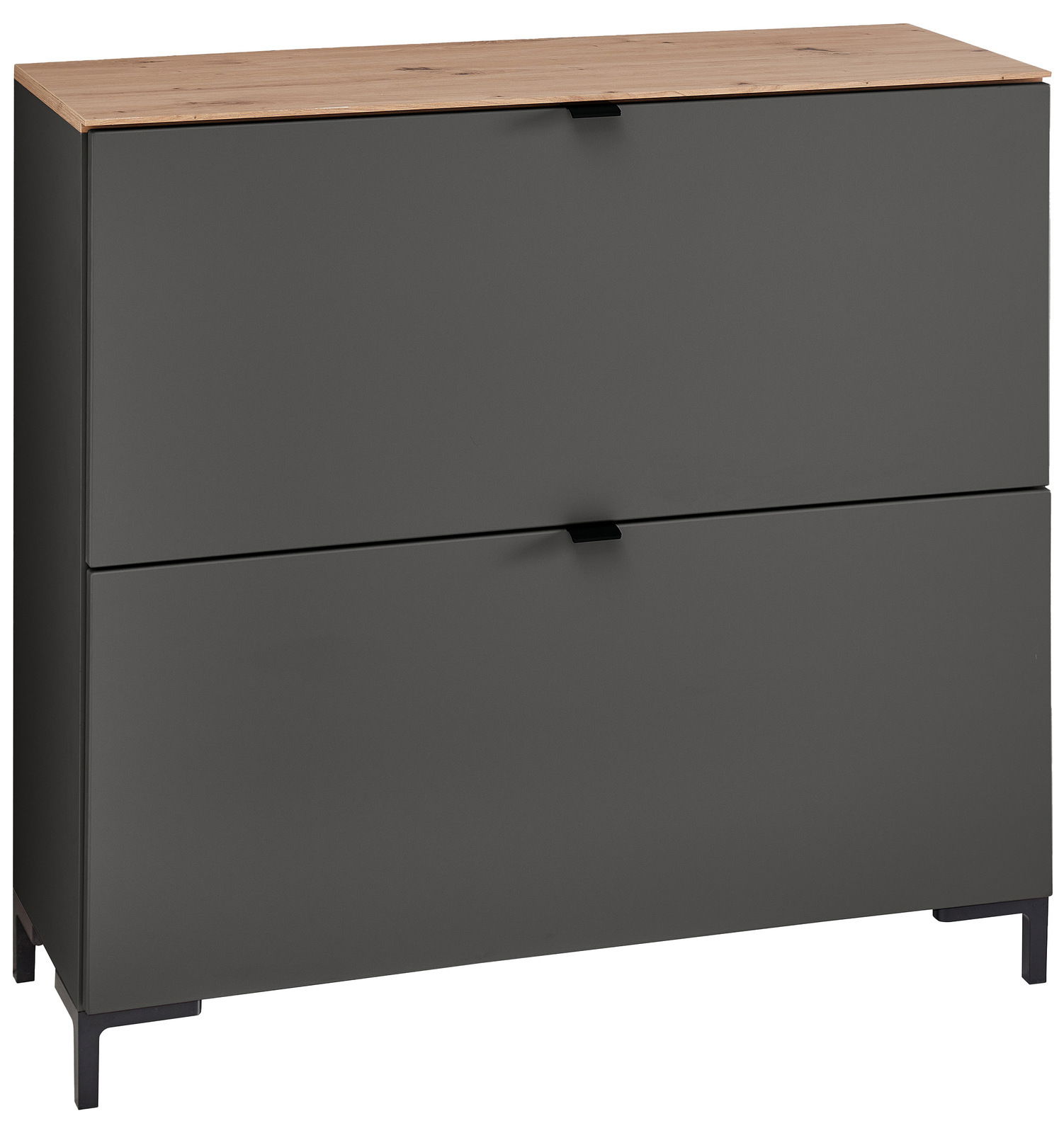 Voleo Hänge-Schuhschrank breit DIANA Moderner Hänge-Schuhschrank in dunklem Grau mit Holzoberfläche, frontal betrachtet.