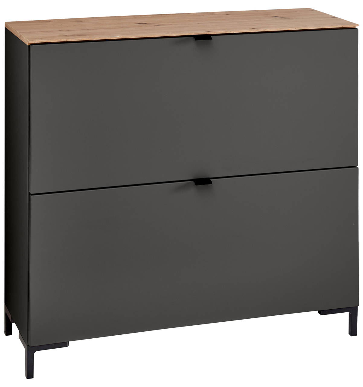 Moderner Hänge-Schuhschrank in dunklem Grau mit Holzoberfläche, frontal betrachtet.