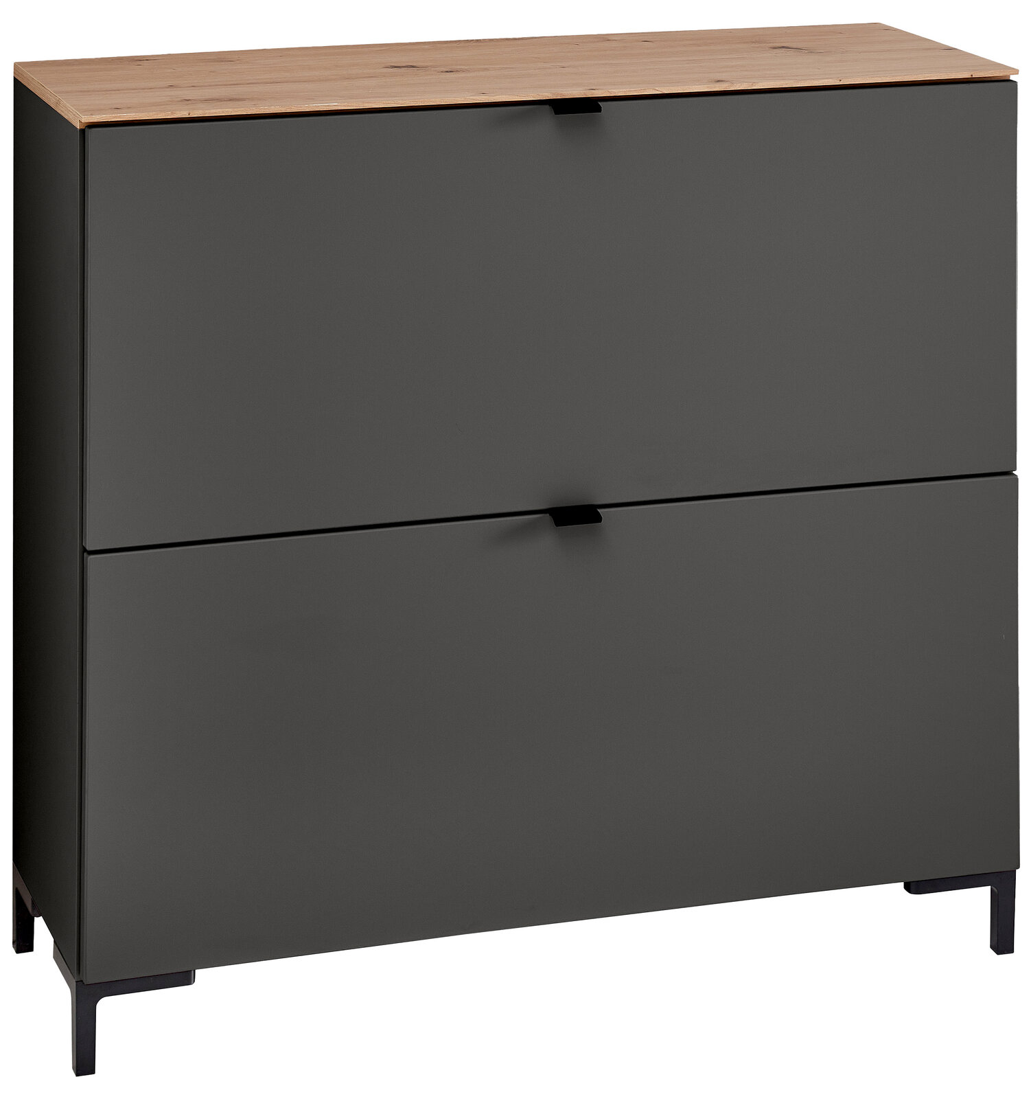 Voleo Hänge-Schuhschrank breit DIANA Moderner Hänge-Schuhschrank in dunklem Grau mit Holzoberfläche, frontal betrachtet.