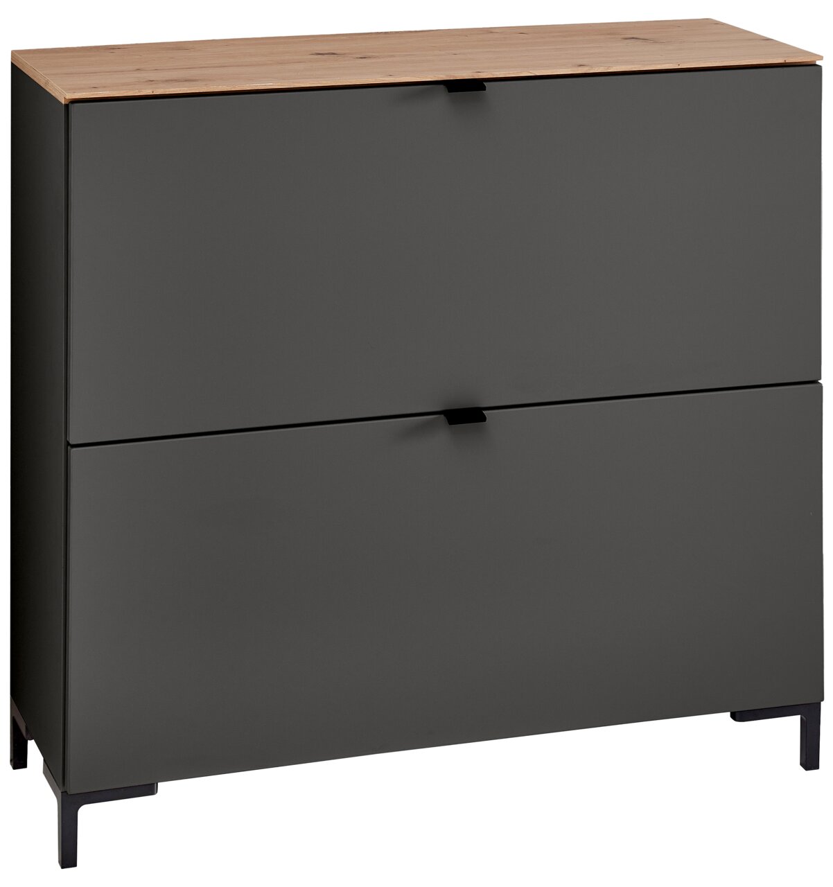 Voleo Hänge-Schuhschrank breit DIANA Moderner Hänge-Schuhschrank in dunklem Grau mit Holzoberfläche, frontal betrachtet.