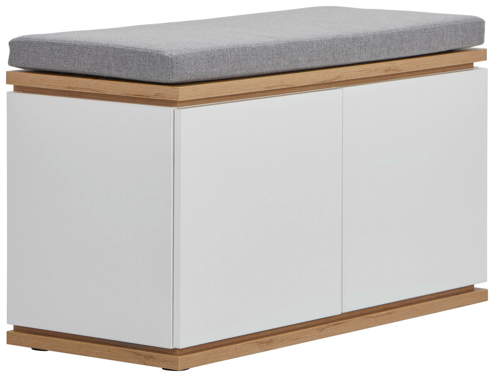 Garderobenbank mit weißem Korpus, Holzdetails und grauem Sitzpolster, seitliche Perspektive