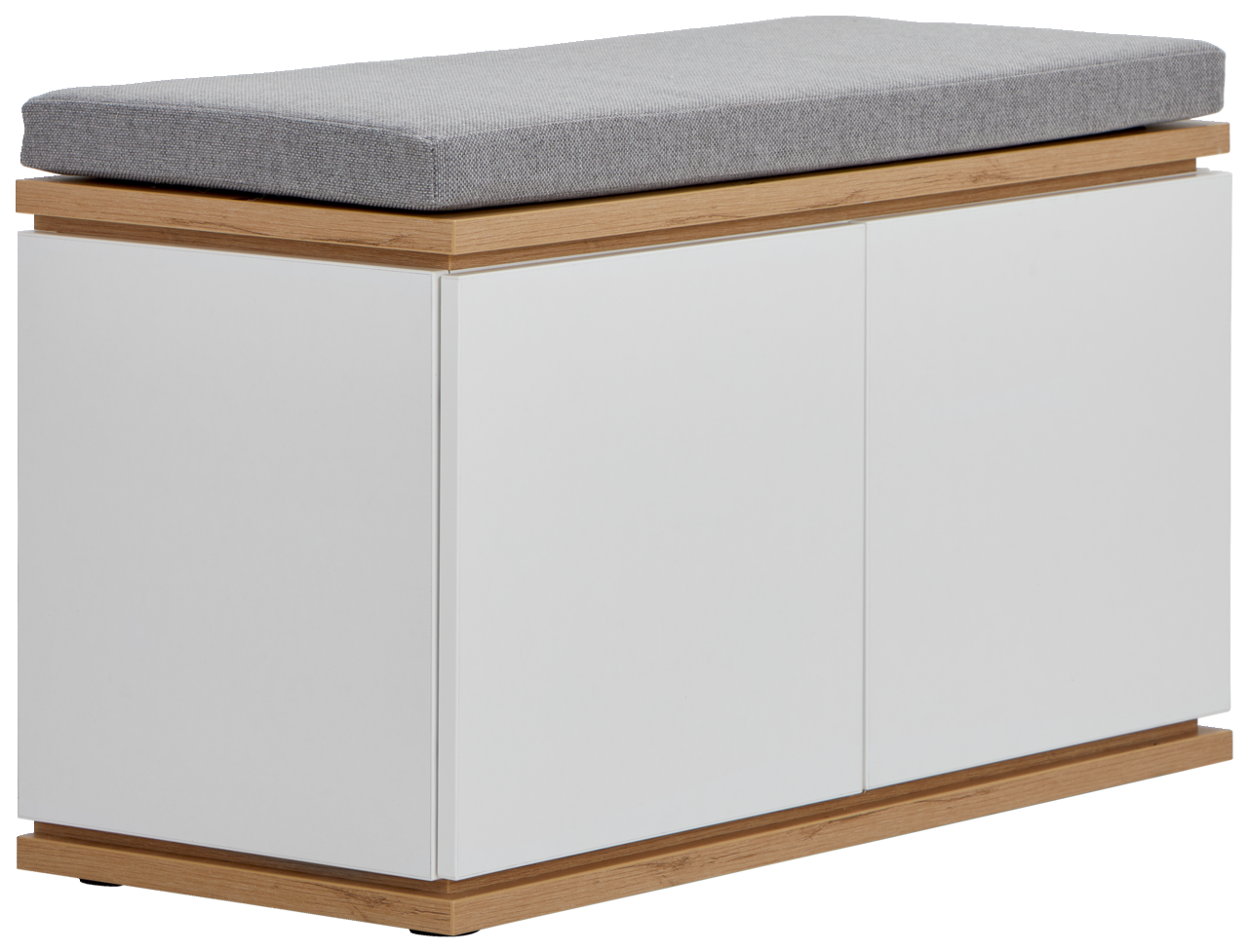 XORA Garderobenbank YAMAEL Garderobenbank mit weißem Korpus, Holzdetails und grauem Sitzpolster, seitliche Perspektive