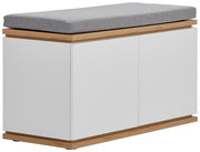 Garderobenbank mit weißem Korpus, Holzdetails und grauem Sitzpolster, seitliche Perspektive