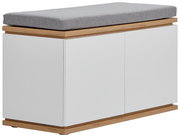 Garderobenbank mit weißem Korpus, Holzdetails und grauem Sitzpolster, seitliche Perspektive