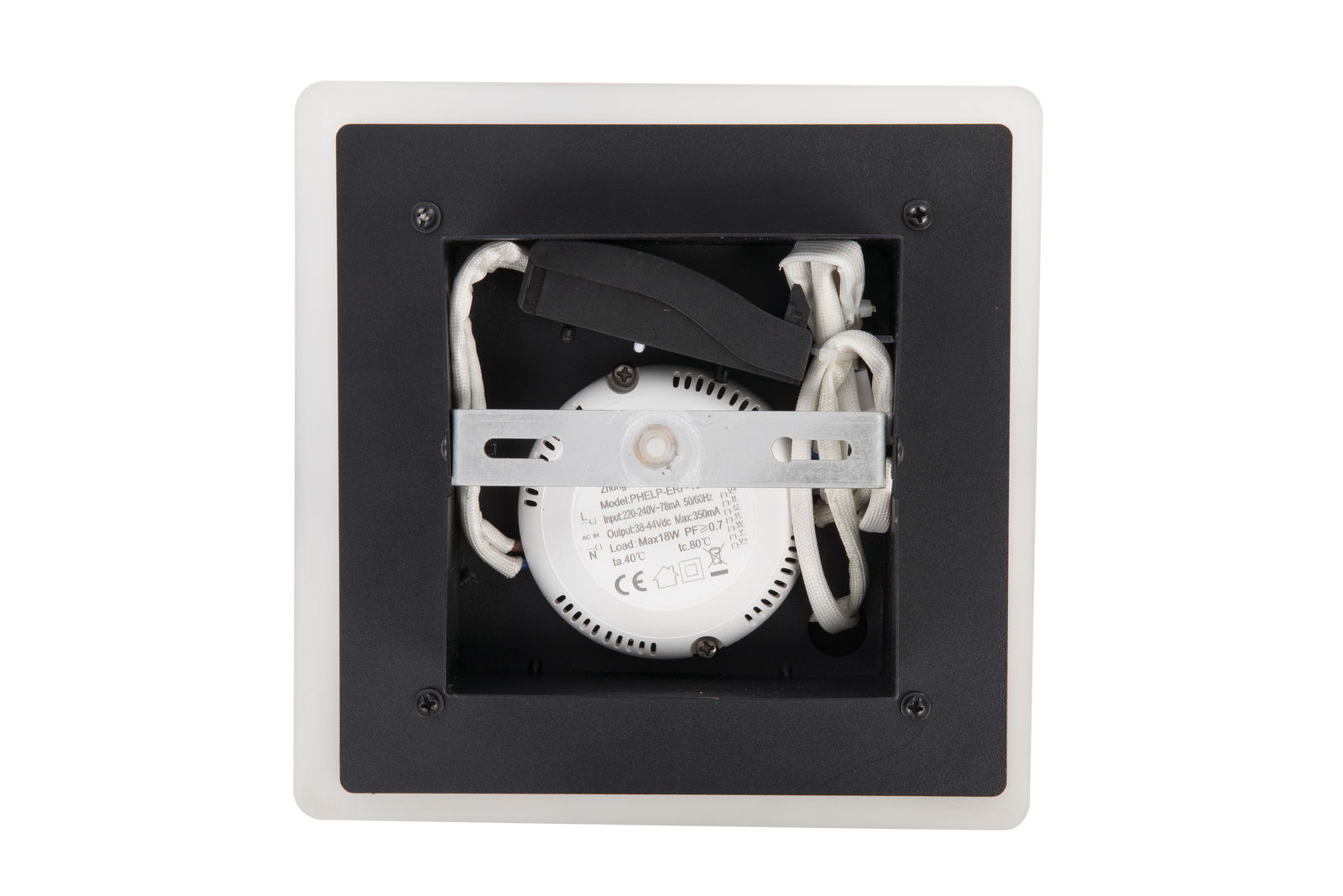 Rückansicht der LED-Deckenleuchte Spark mit sichtbaren Kabeln und Befestigungselementen.