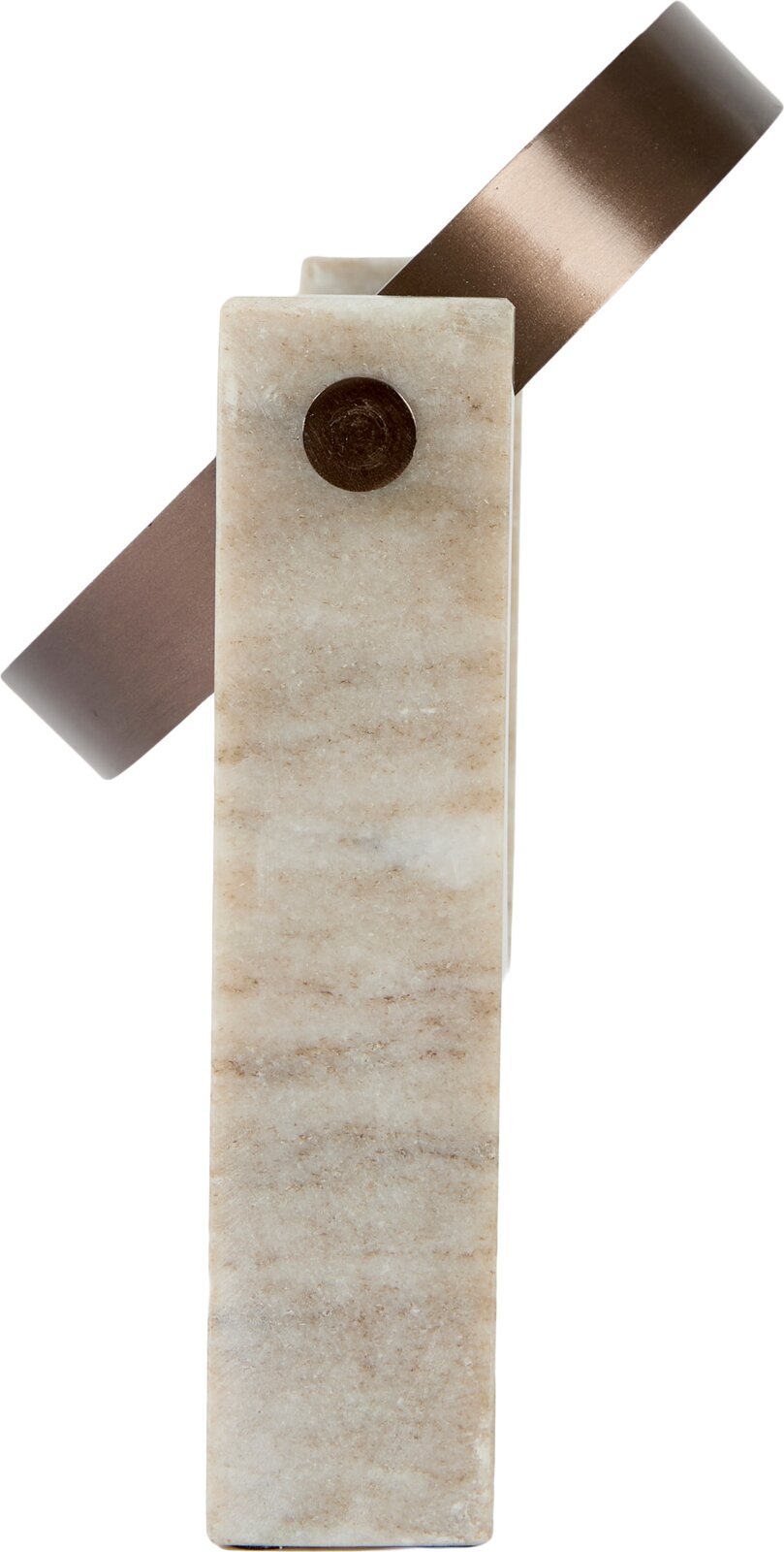 Dekoratives Wohnaccessoire aus hellem, beige gemasertem Naturstein mit schwenkbarem bronzefarbenem Metallbügel, in frontaler Ansicht vor weißem Hintergrund