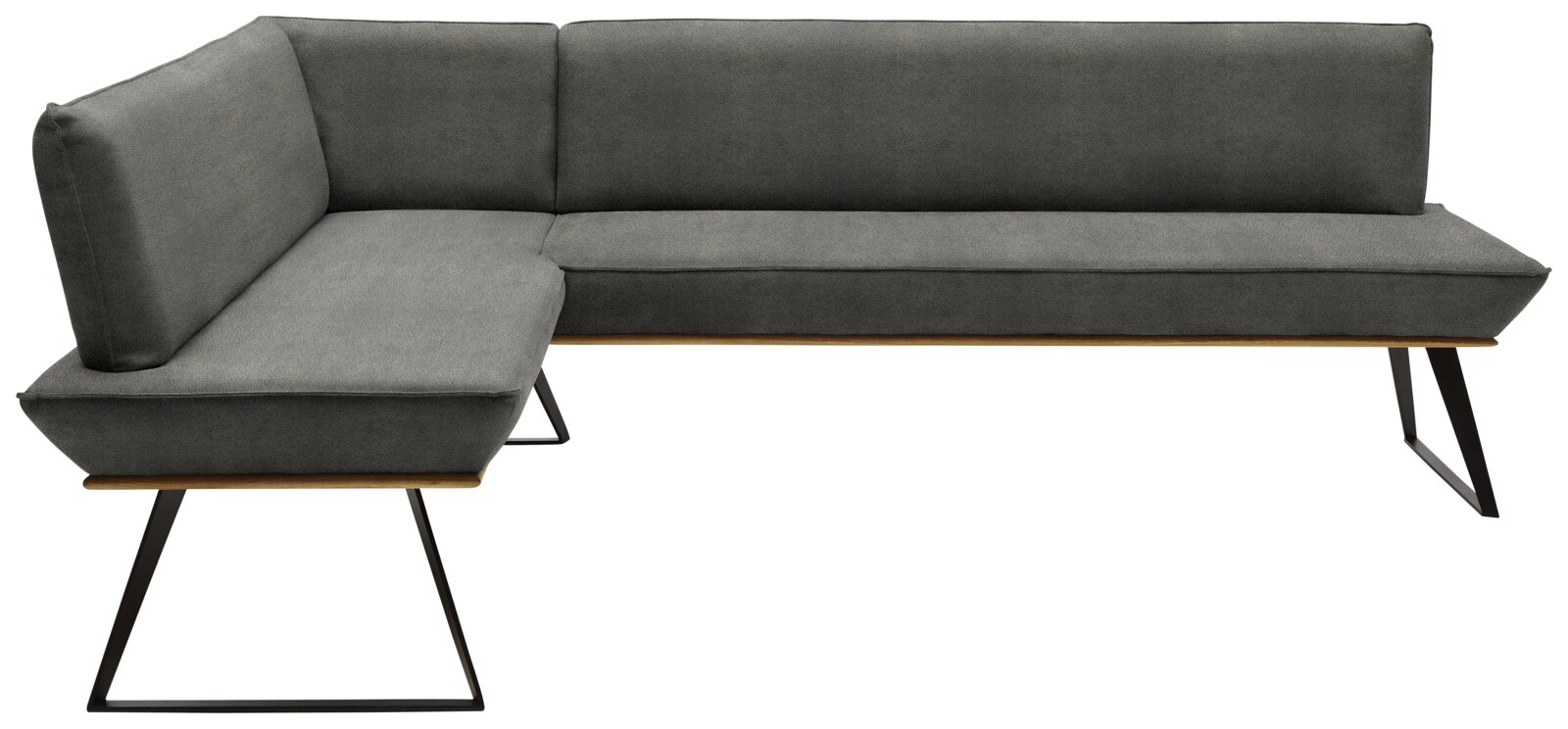 Graue Eckbank mit modernem Design, Metallbeinen und Polsterung, seitliche Perspektive