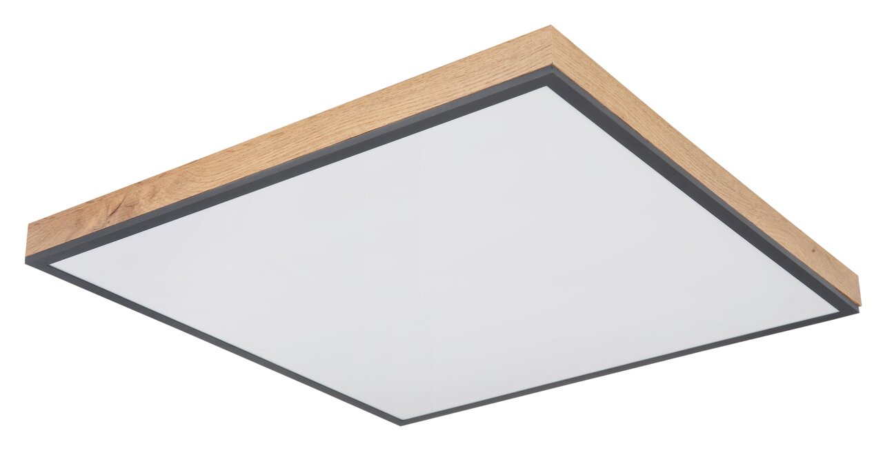 Moderne quadratische Deckenleuchte mit Holzrahmen, seitliche Perspektive