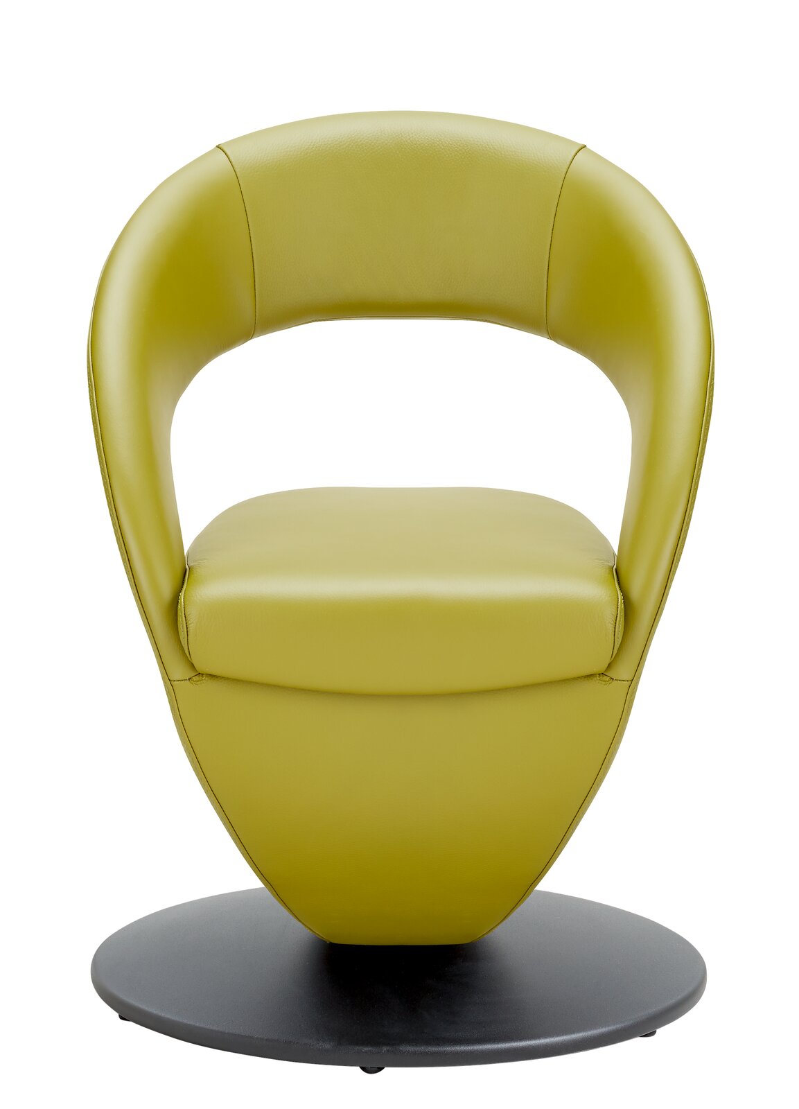 Moderner grüner Sessel mit runder Basis, Frontalansicht