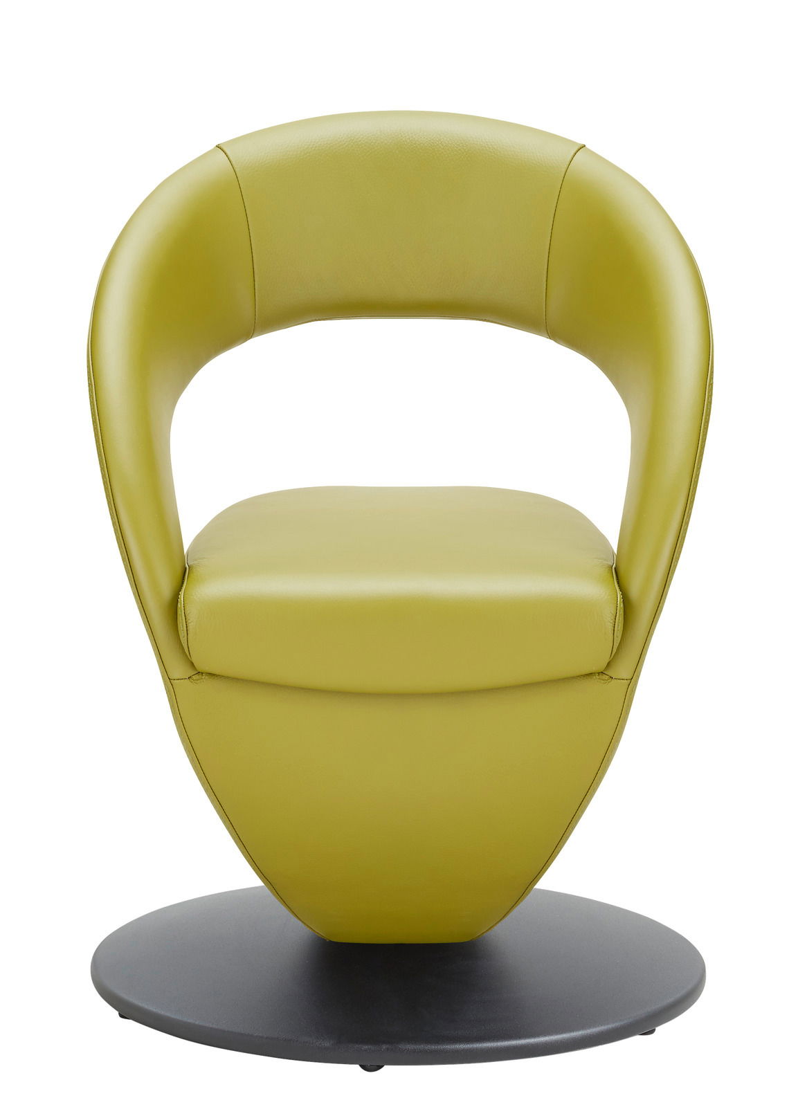 Moderner grüner Sessel mit runder Basis, Frontalansicht