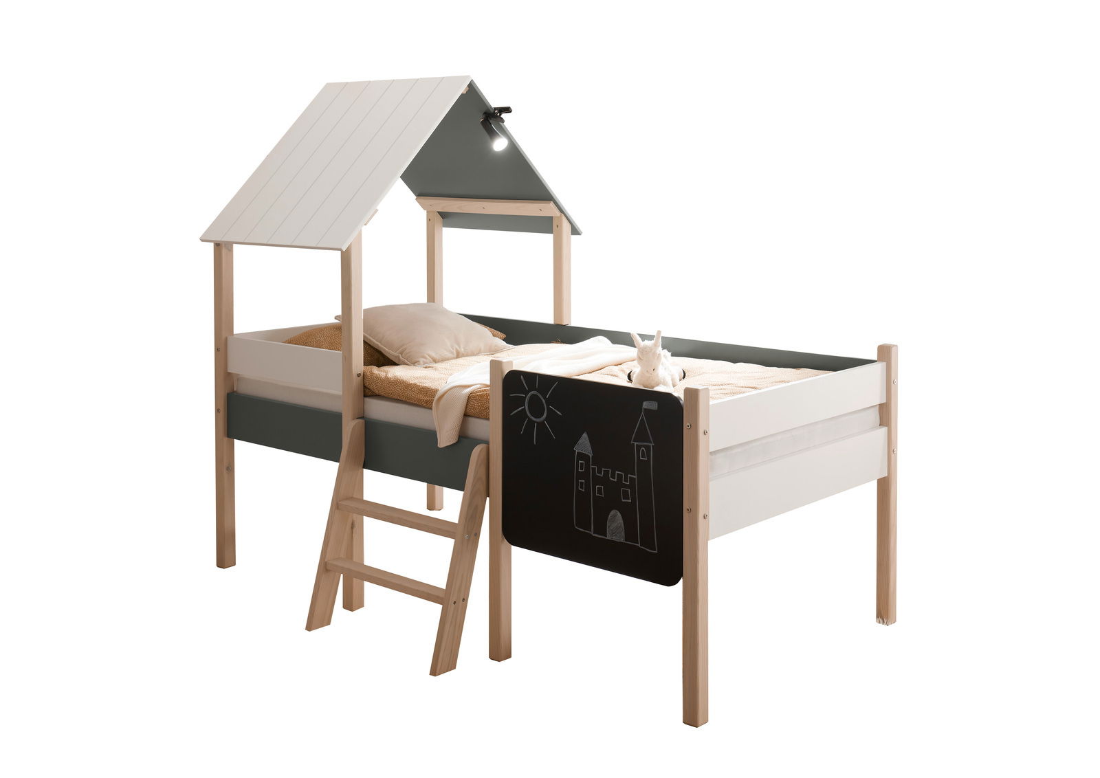 Hausbett mit Dach und Leiter, seitliche Perspektive