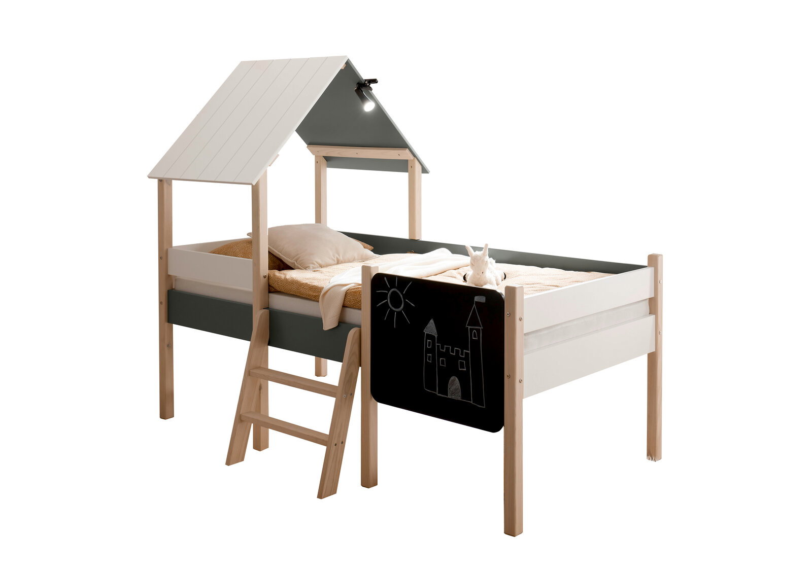 Hausbett mit Dach und Leiter, seitliche Perspektive