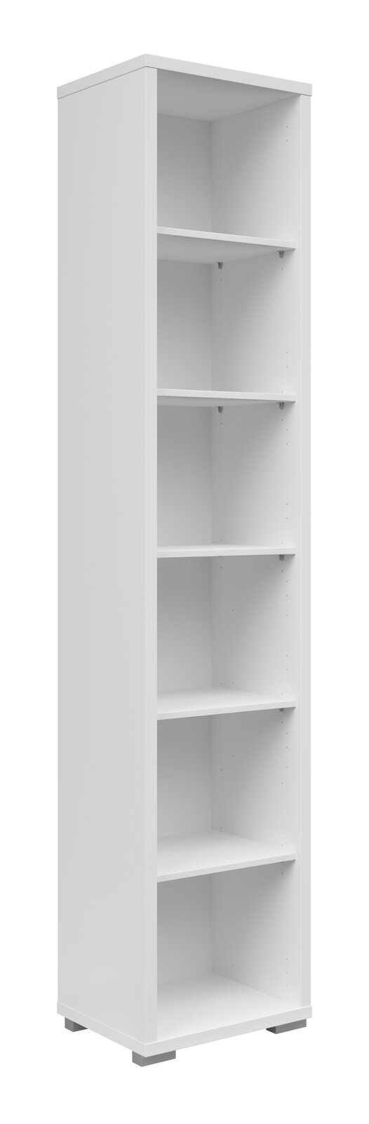 Weißes, schmales Aktenregal mit sechs offenen Fächern, seitliche Perspektive