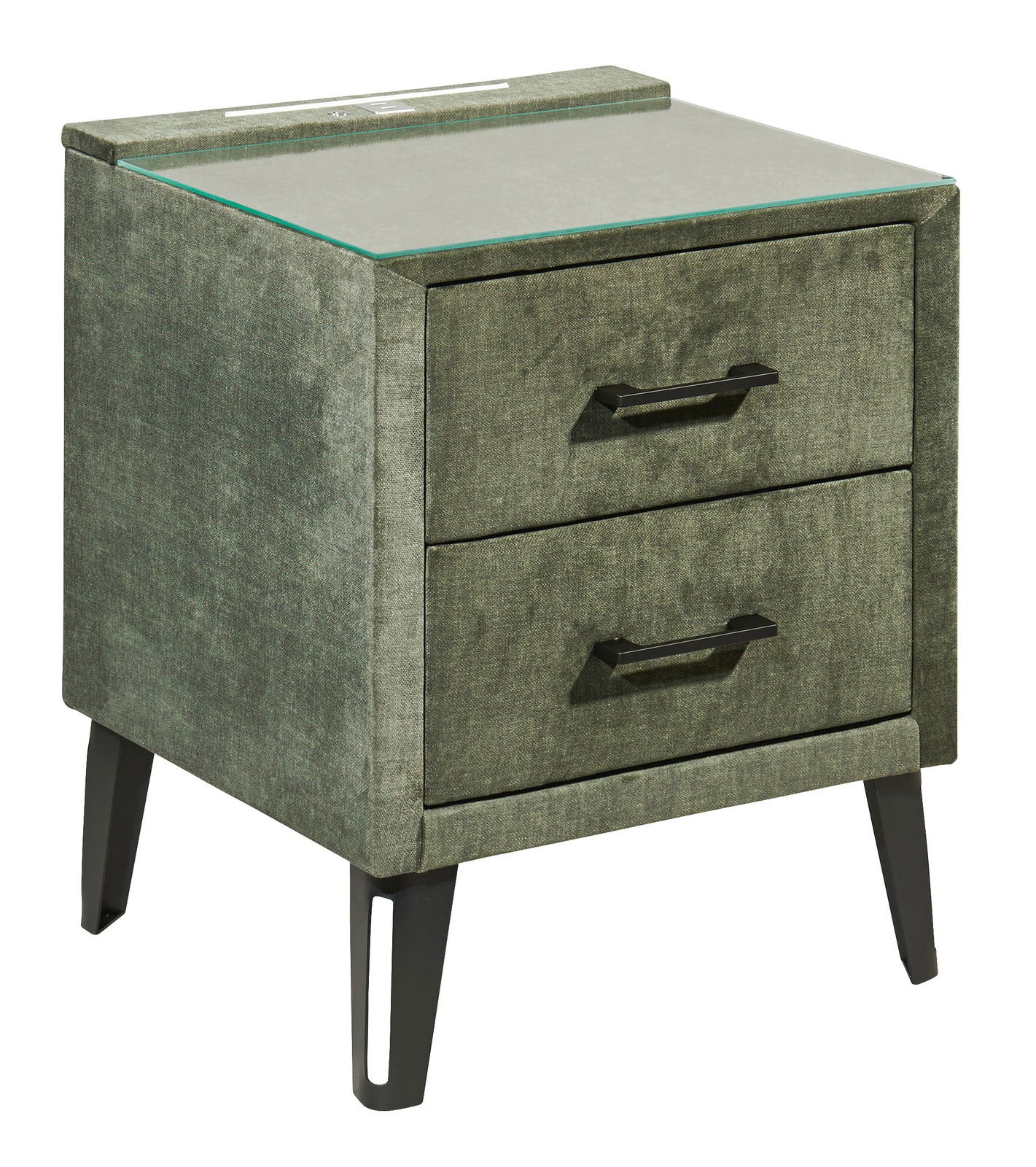 Grüne Nachtkonsole mit zwei Schubladen und schwarzen Griffen, seitliche Perspektive