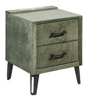 Grüne Nachtkonsole mit zwei Schubladen und schwarzen Griffen, seitliche Perspektive