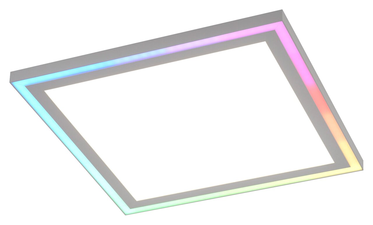 Moderne quadratische Deckenleuchte mit farbwechselndem LED-Rand, seitliche Perspektive