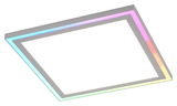 Moderne quadratische Deckenleuchte mit farbwechselndem LED-Rand, seitliche Perspektive