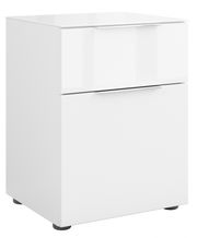 Weiße Nachtkommode mit zwei Schubladen, seitliche Perspektive