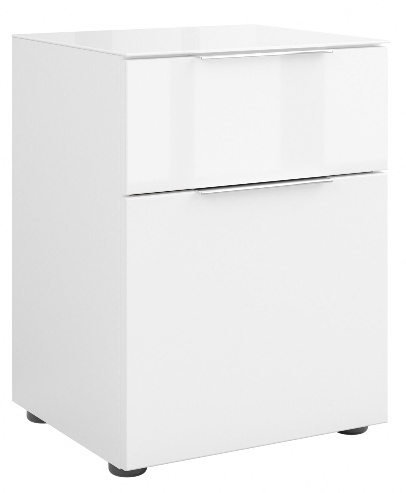 Weiße Nachtkommode mit zwei Schubladen, seitliche Perspektive