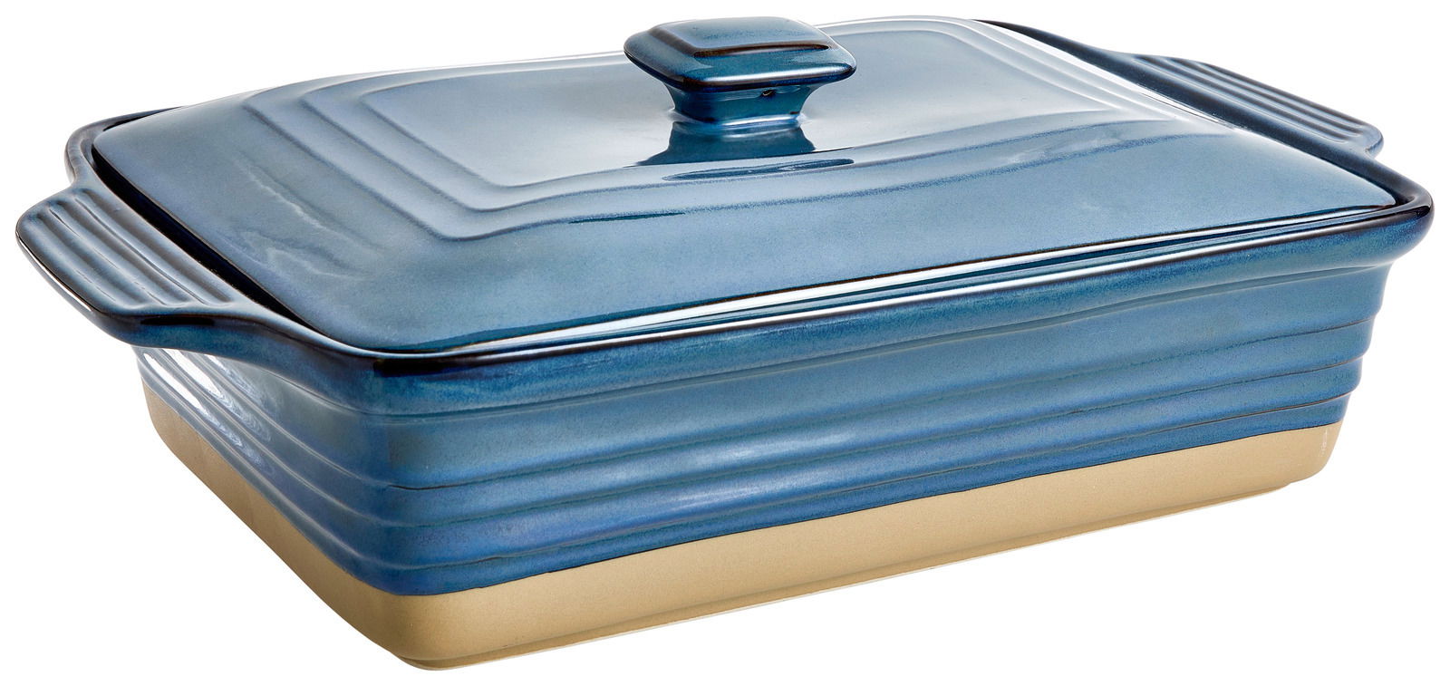 Blaue rechteckige Auflaufform mit Deckel, seitliche Perspektive