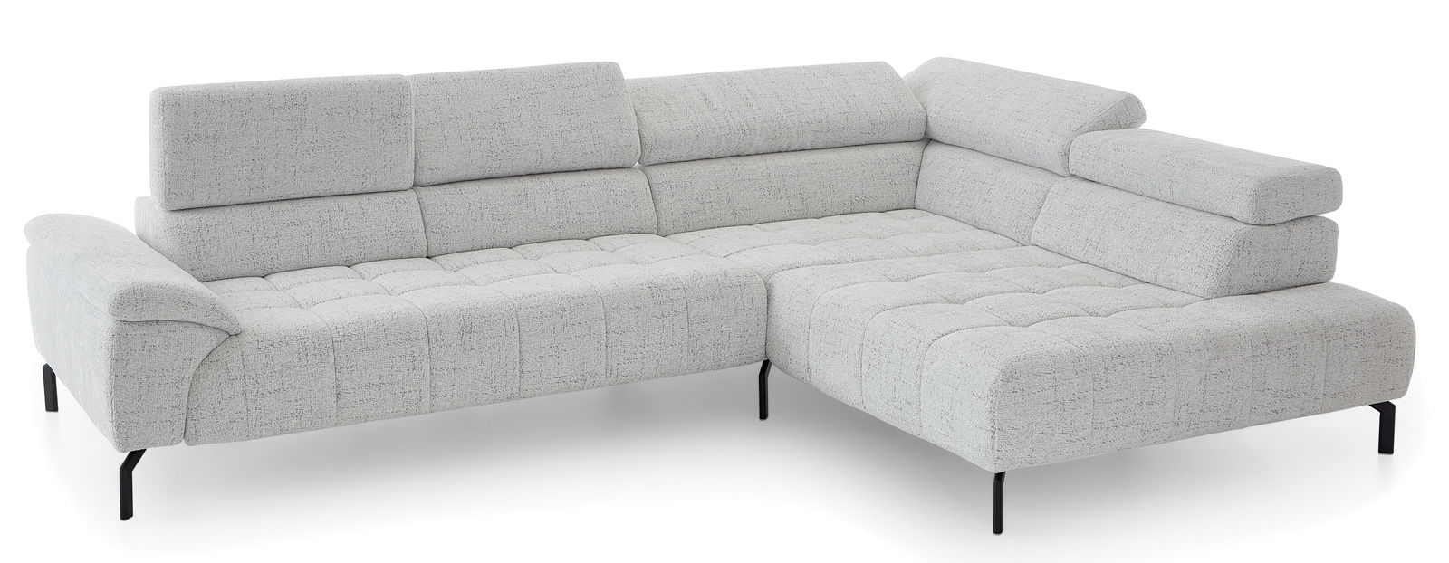 Helle Eckgarnitur mit verstellbaren Kopfstützen und modernen schwarzen Beinen, Perspektive von vorne rechts