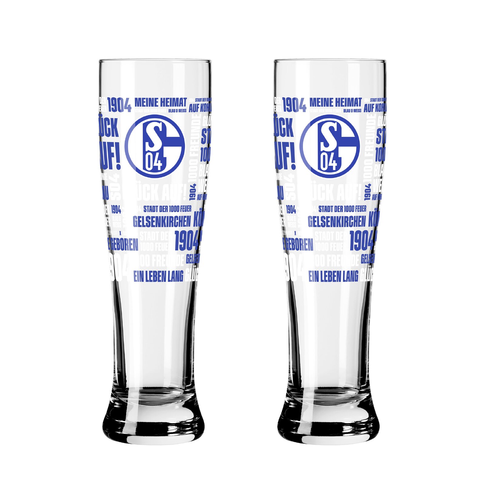 Ritzenhoff Weizenglas 2er-Set FC SCHALKE 04 Zwei hohe FC-Schalke-04-Biergläser mit blau-weißem Vereinslogo und Schriftzug-Design, frontal aus leichter Untersicht auf weißem Hintergrund