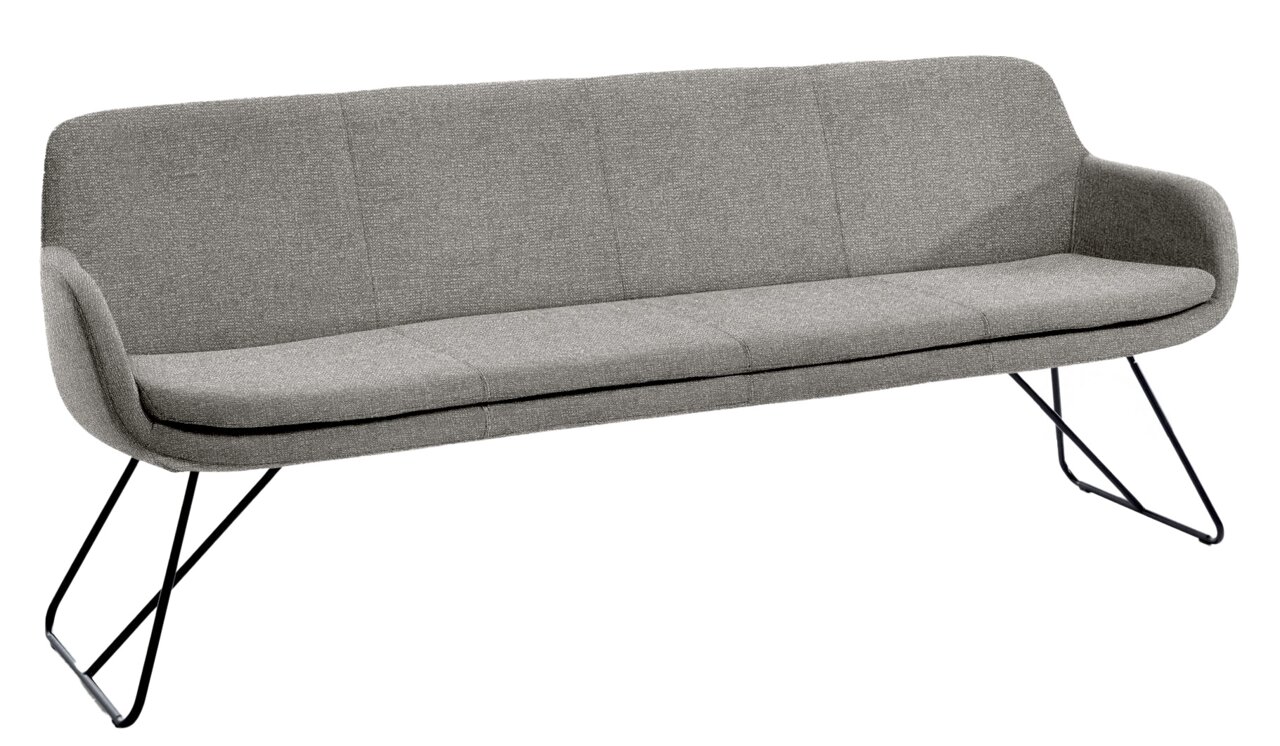 Graue Polsterbank mit modernem Design und Metallbeinen, seitliche Perspektive