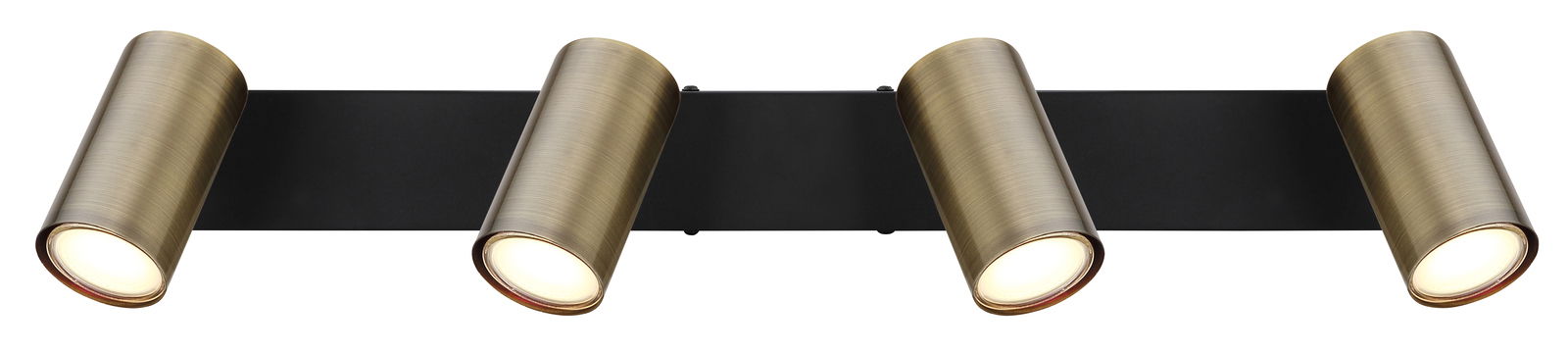 Vierfach-Strahler in Altmessing-Optik, frontal abgebildet, mit zylindrischen Leuchten auf schwarzer Basis.