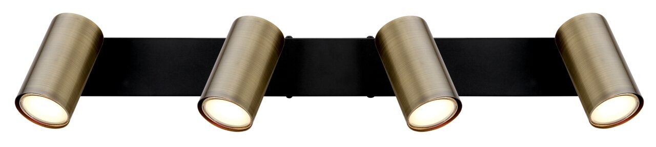 Vierfach-Strahler in Altmessing-Optik, frontal abgebildet, mit zylindrischen Leuchten auf schwarzer Basis.