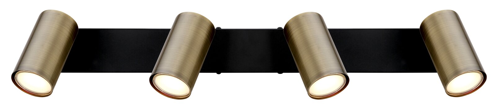 Vierfach-Strahler in Altmessing-Optik, frontal abgebildet, mit zylindrischen Leuchten auf schwarzer Basis.