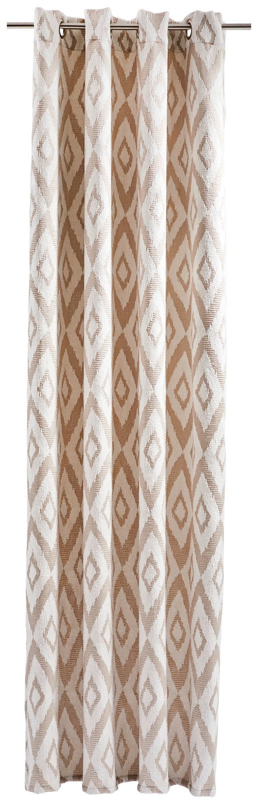 Ösenschal mit geometrischem Muster in Beige und Weiß, frontal aufgenommen.