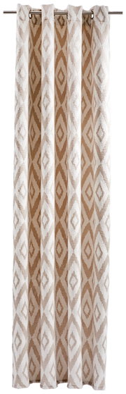 Sjaal met oogjes en een geometrisch patroon in beige en wit, van voren gefotografeerd.