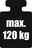 Symbol für maximale Belastung von 120 kg, schwarze Silhouette mit weißem Text, Vorderansicht